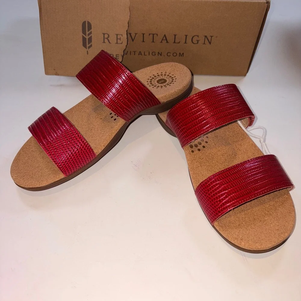 Revitalign Sullivan Slide Sandals 8.5 Red Snake Print Leather Orthotic Comfort